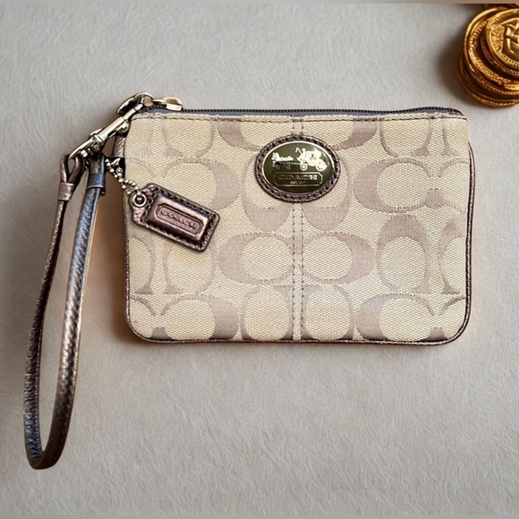 Coach Handbags - Coach | Signature Mini- Zip Wristlet